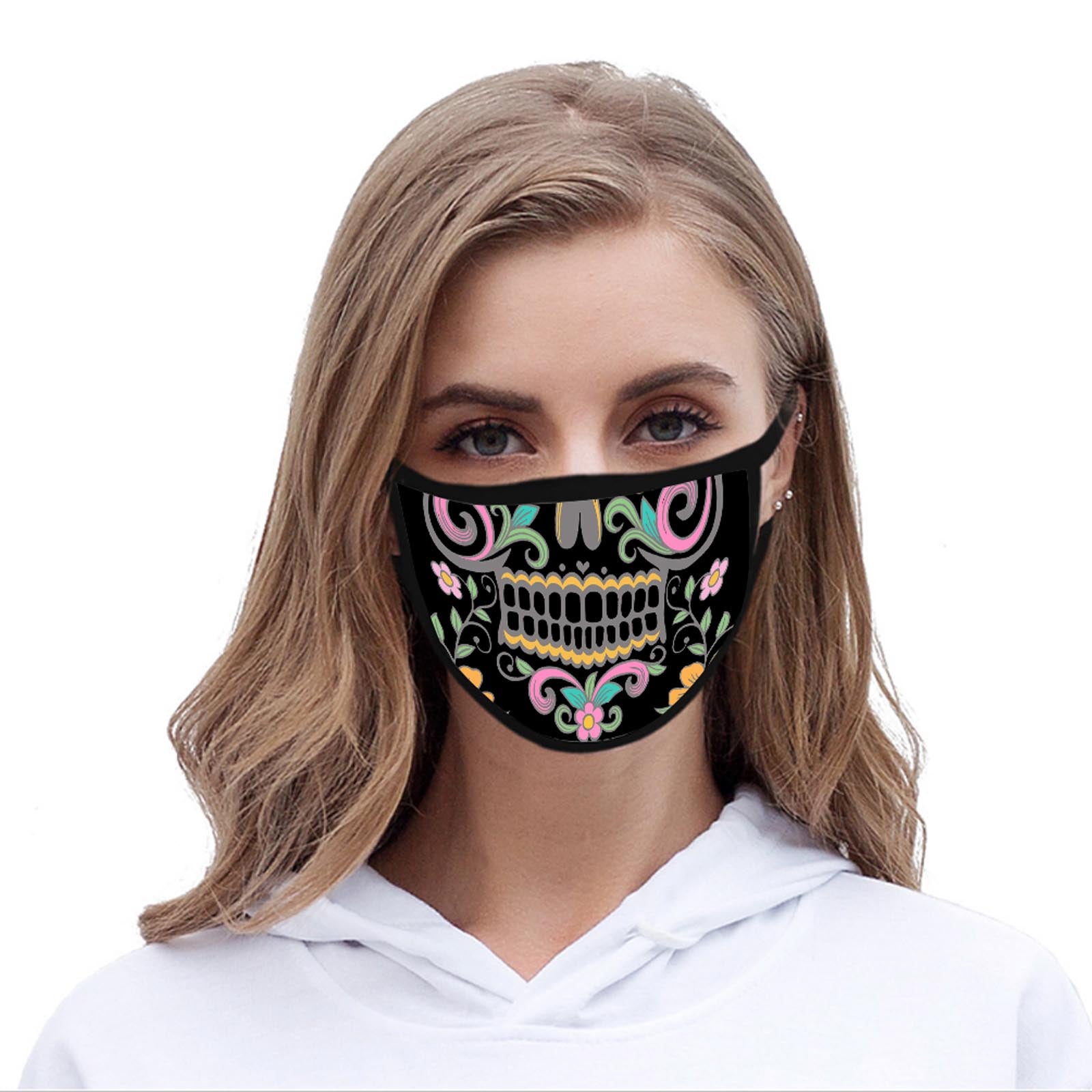 FCM-015 American Bling Black Floral Sugar Skull Fabric Face Mask Double Layer Set of 2