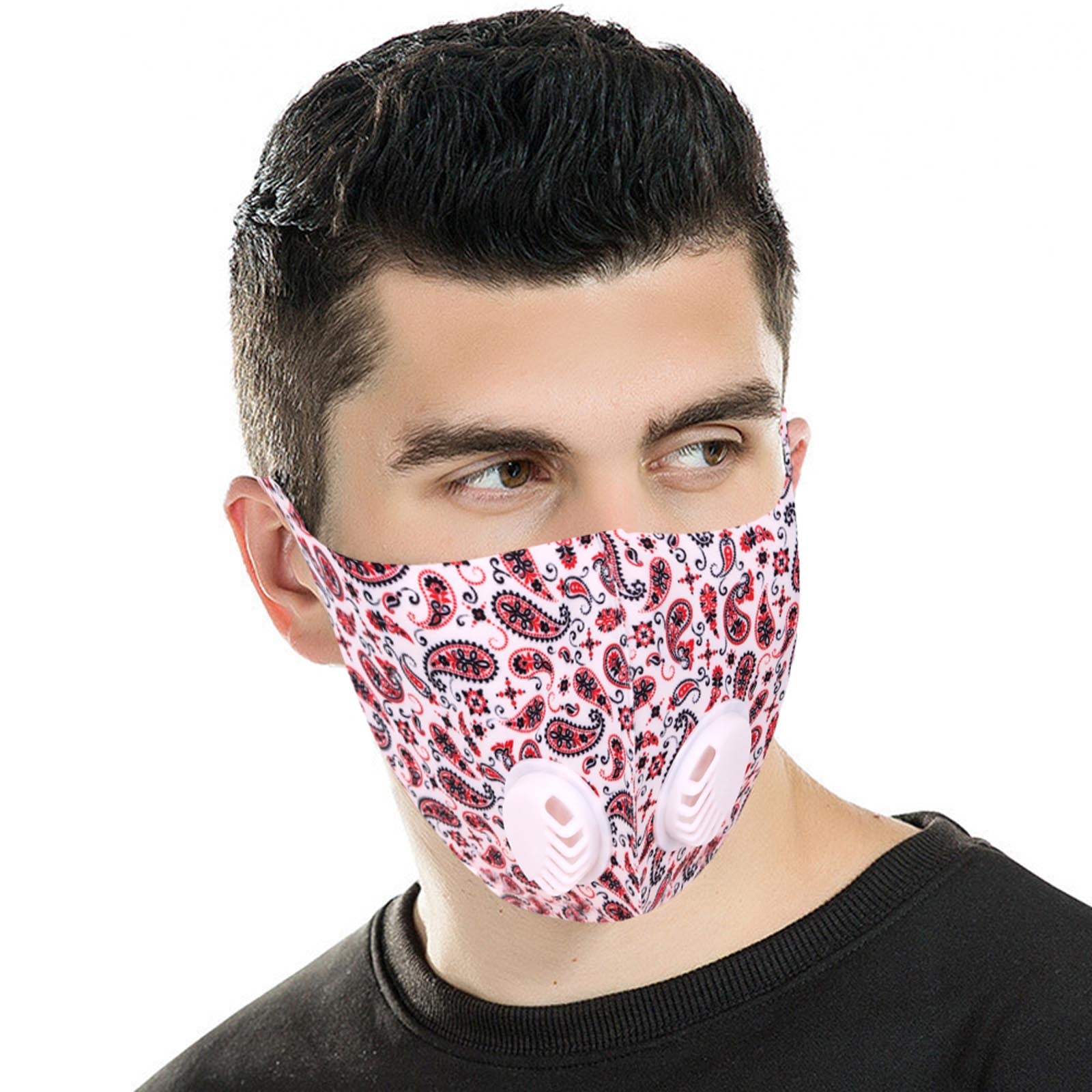 FM-7004DR  White Paisley Print Double Breathing Valve Single Ply Face Mask